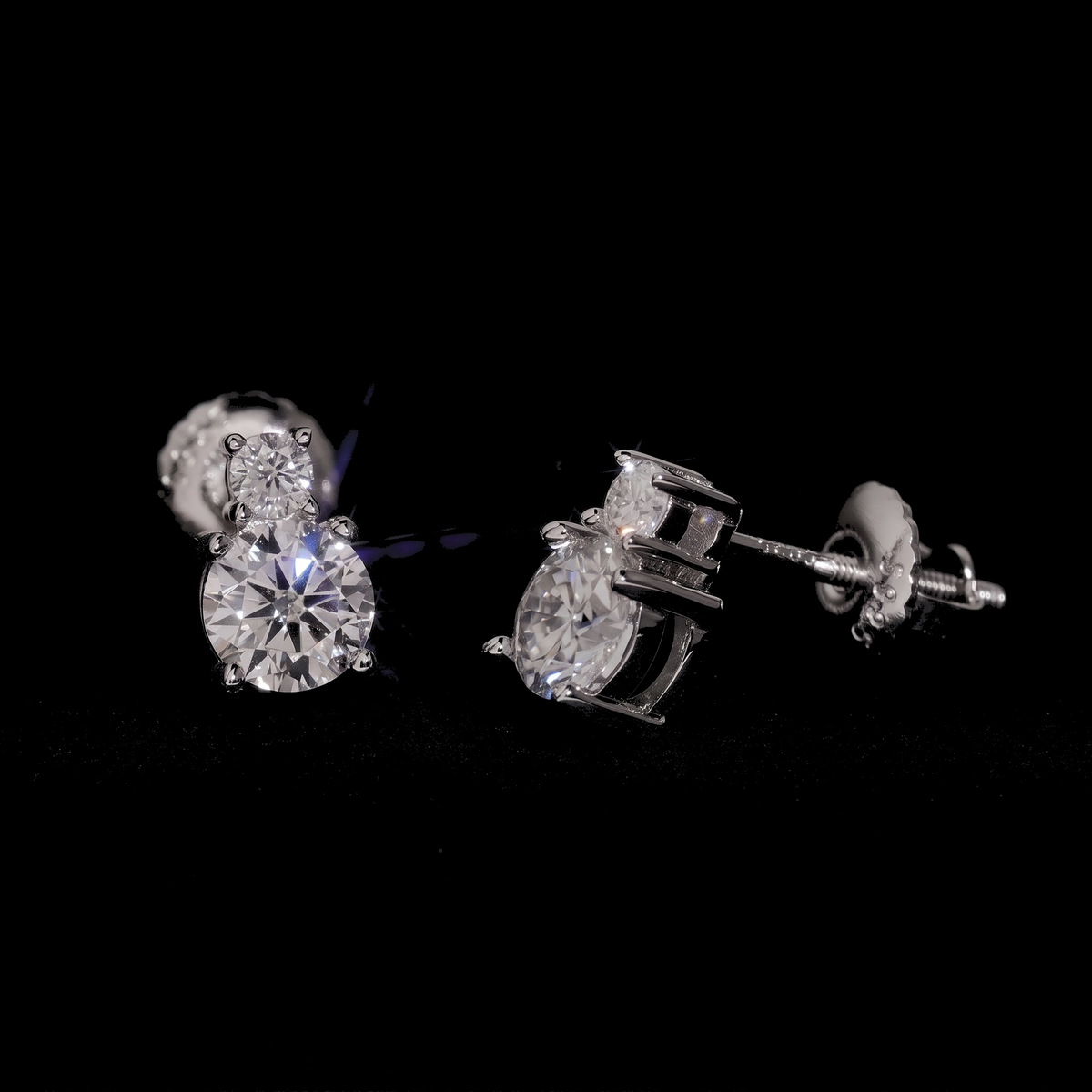 Two stone drop moissanite stud earrings side profile with screw back