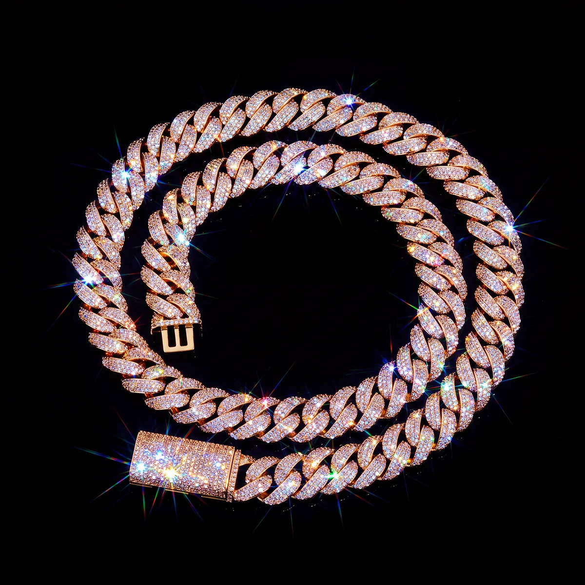 Iced out 3 row micro pave cuban link chain coiled on black background with simulated diamond sparkle