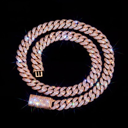 Iced out 3 row micro pave cuban link chain coiled on black background with simulated diamond sparkle
