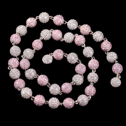 Silver pink 8mm iced out ball chain with alternating pink and white simulated diamond beads