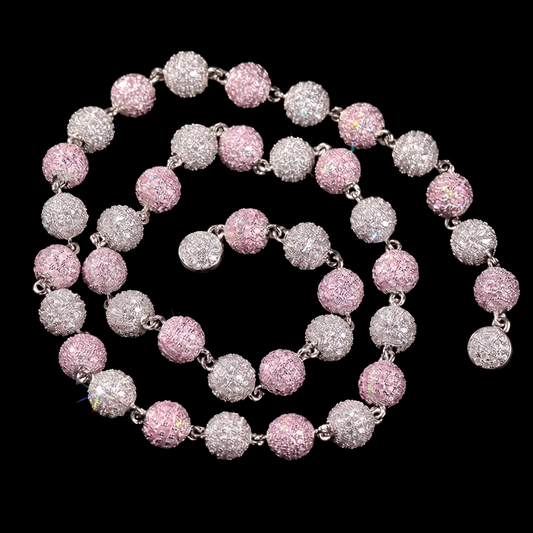 Silver pink 8mm iced out ball chain with alternating pink and white simulated diamond beads