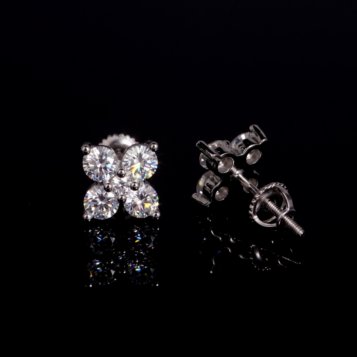 Four petal moissanite cluster stud showing the open back gallery and screw post