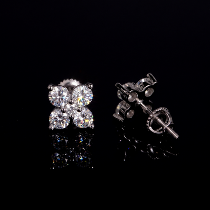 Four petal moissanite cluster stud showing the open back gallery and screw post