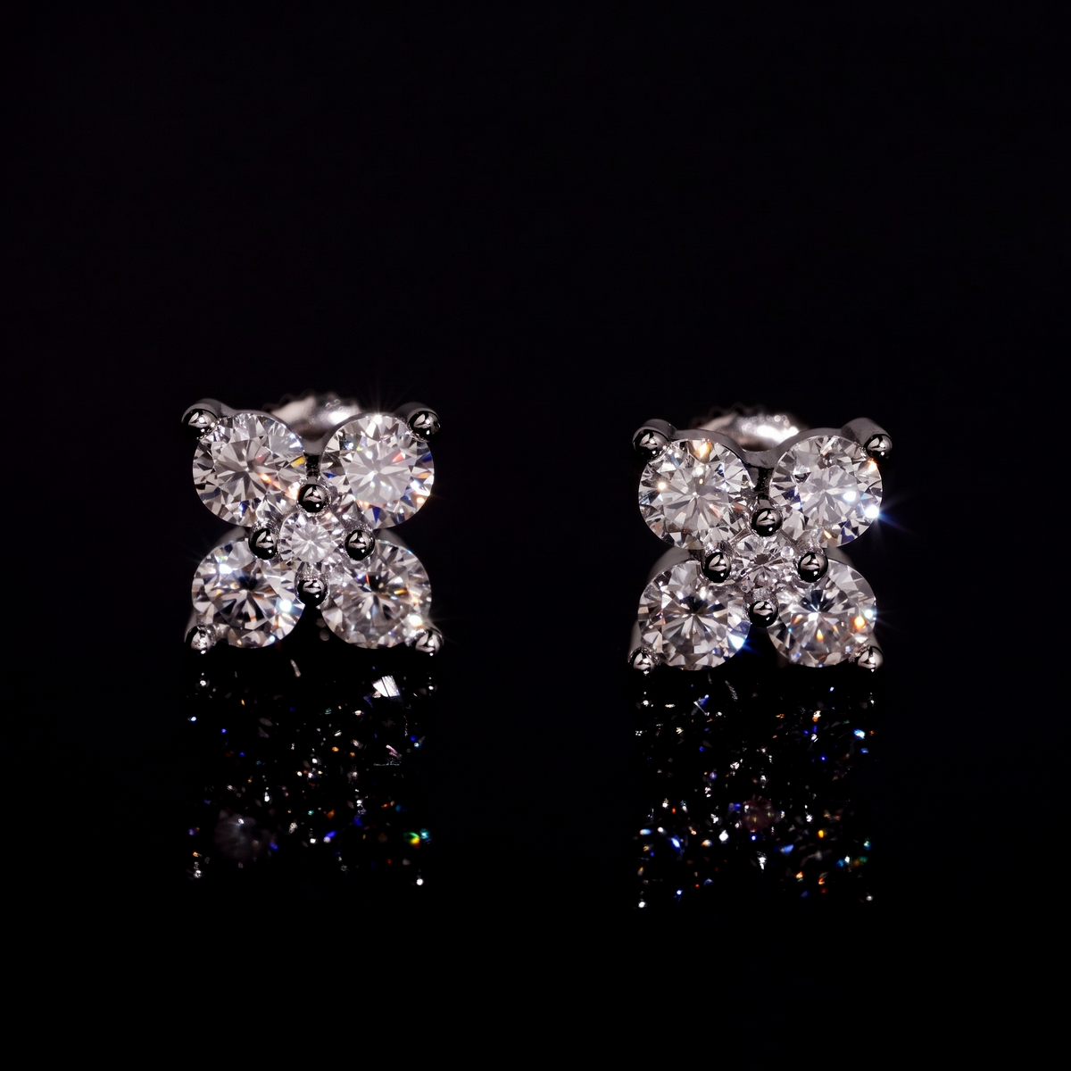 LUCKY BLOOM moissanite four petal cluster stud earrings in 925 sterling silver