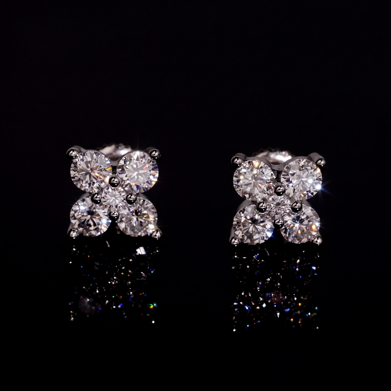 LUCKY BLOOM Moissanite Cluster Studs, Four Petal 925 Silver Earrings That Pass a Diamond Tester