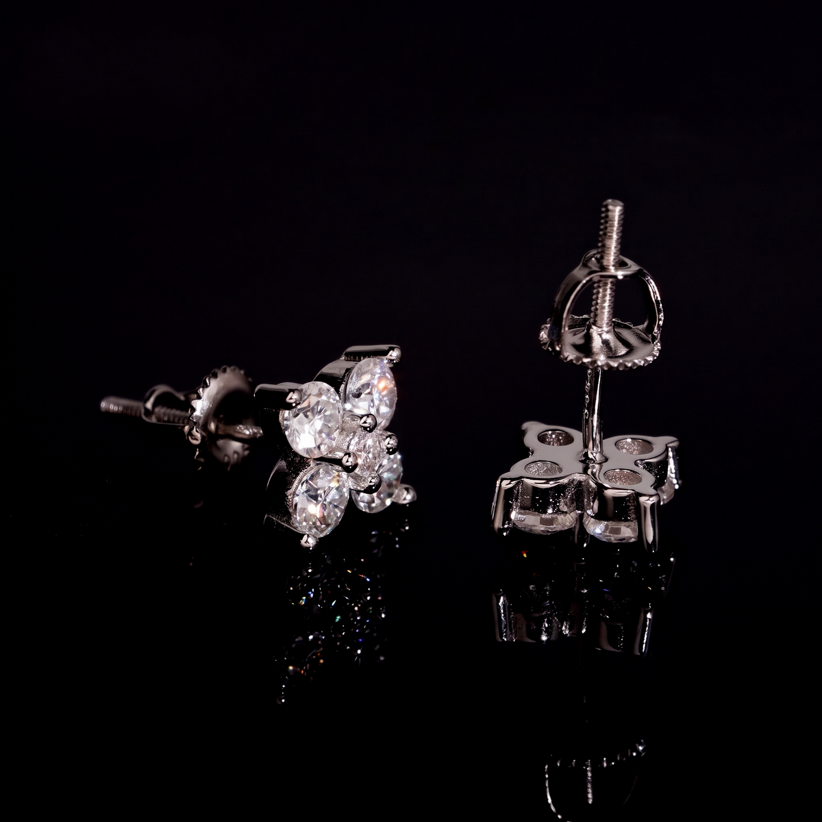 Moissanite cluster stud earrings with threaded screw back posts and butterfly nuts