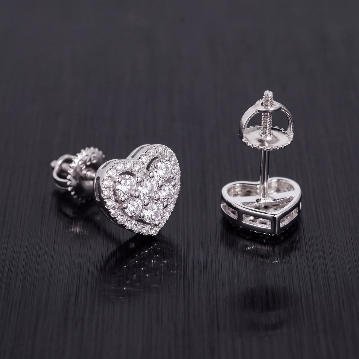Moissanite heart stud earring showing the screw back post and butterfly nut