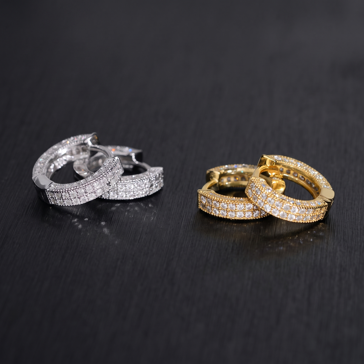 Moissanite huggie hoop earrings in silver and gold, 925 sterling silver