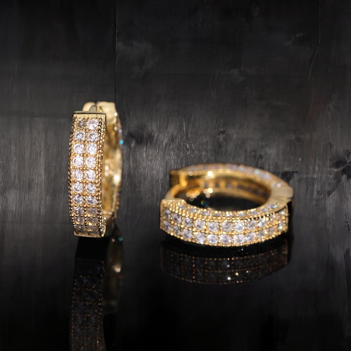 18K gold plated iced out moissanite huggie hoop earrings with two rows of pave