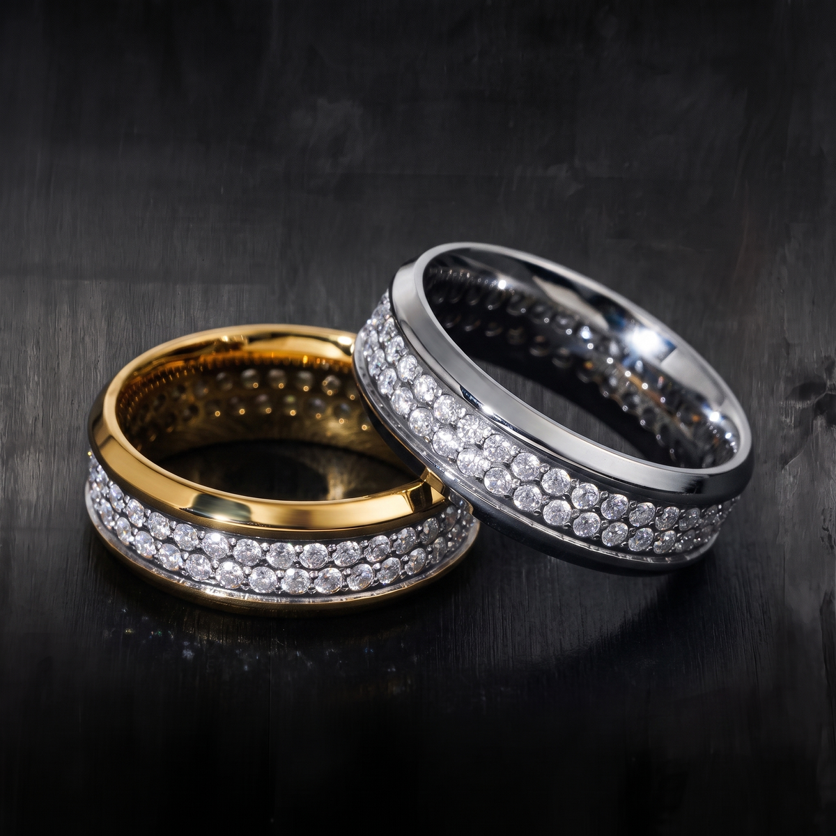Iced out stainless steel band rings in gold and silver with double row channel set pave