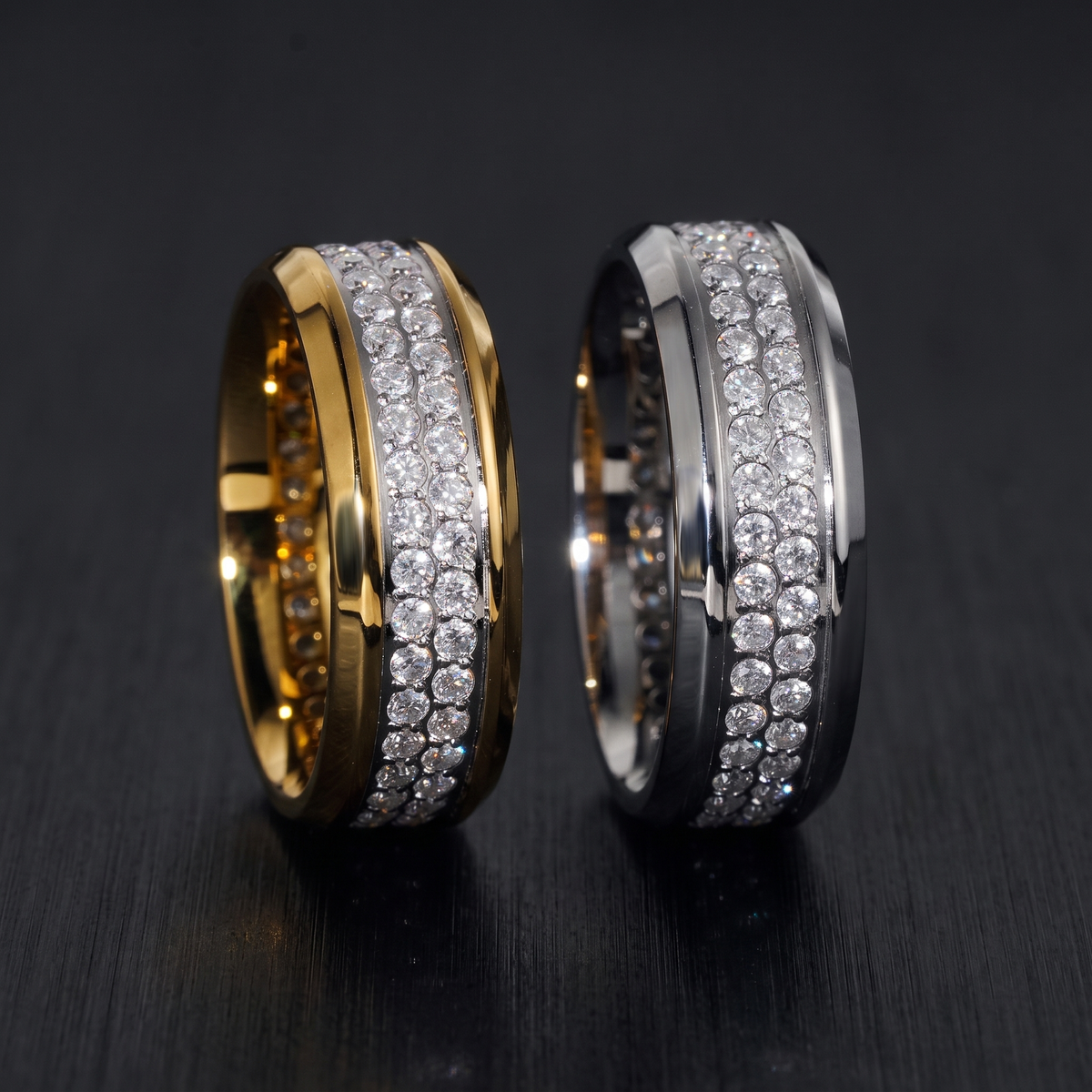 Gold and silver double row pave stainless steel bands standing upright