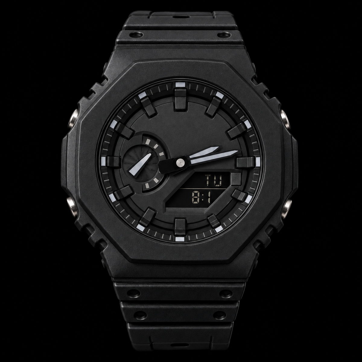 All-black GA2100 analog-digital watch, branding removed, square studio recreation on solid black