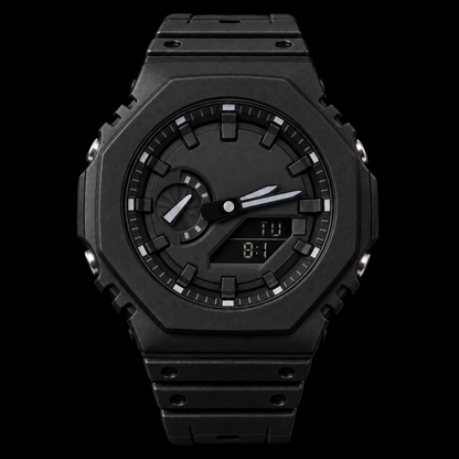 All-black GA2100 analog-digital watch, branding removed, square studio recreation on solid black