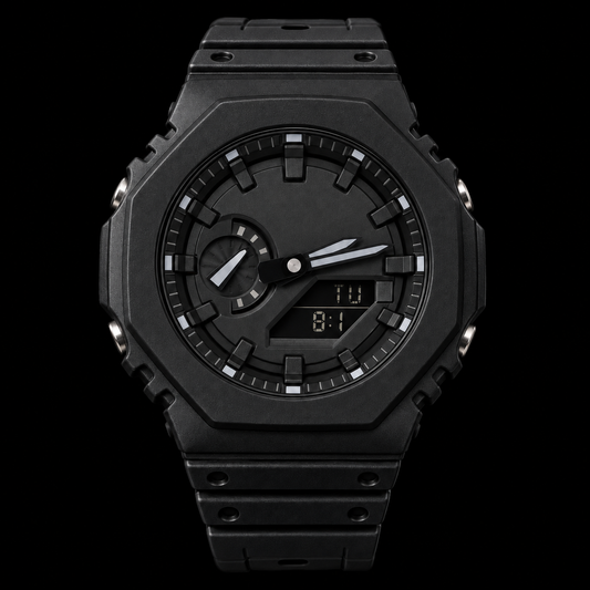 All-black GA2100 analog-digital watch, branding removed, square studio recreation on solid black