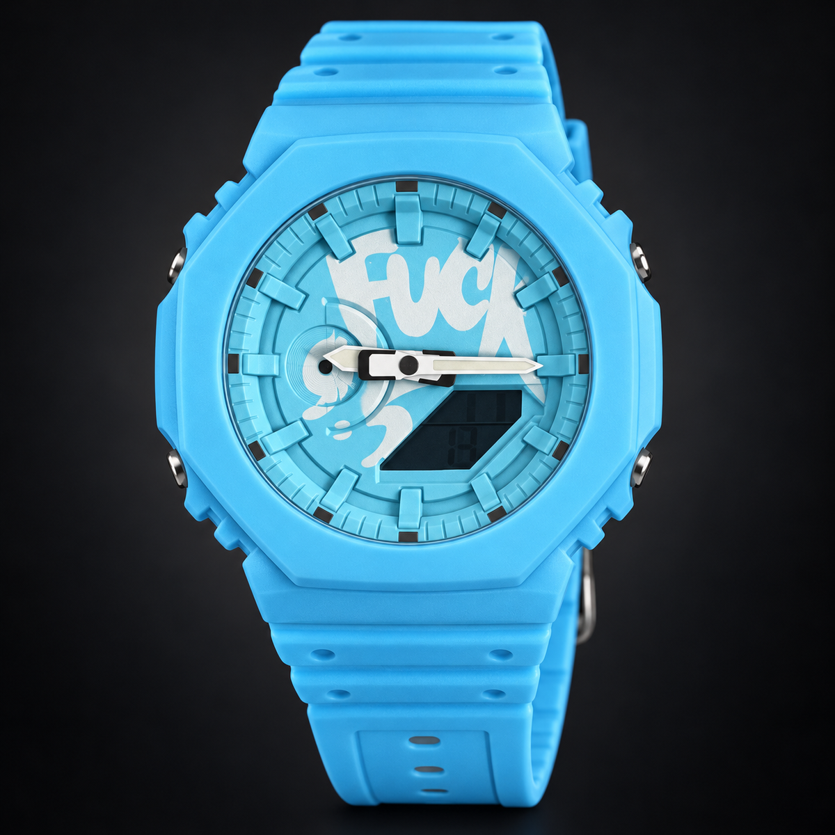 GA2100 Blue / Graffiti Dial analog-digital watch; AI studio recreation with branding removed