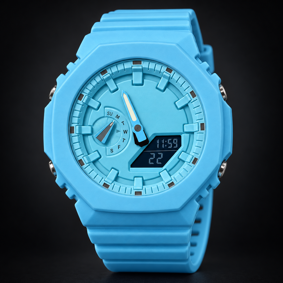 GA2100 Sky Blue analog-digital watch; AI studio recreation with branding removed