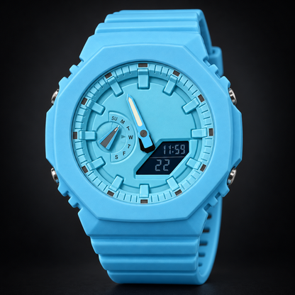 GA2100 Sky Blue analog-digital watch; AI studio recreation with branding removed