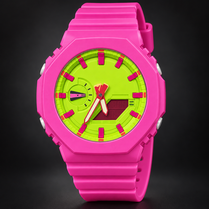 GA2100 Pink / Lime Dial analog-digital watch; AI studio recreation with branding removed