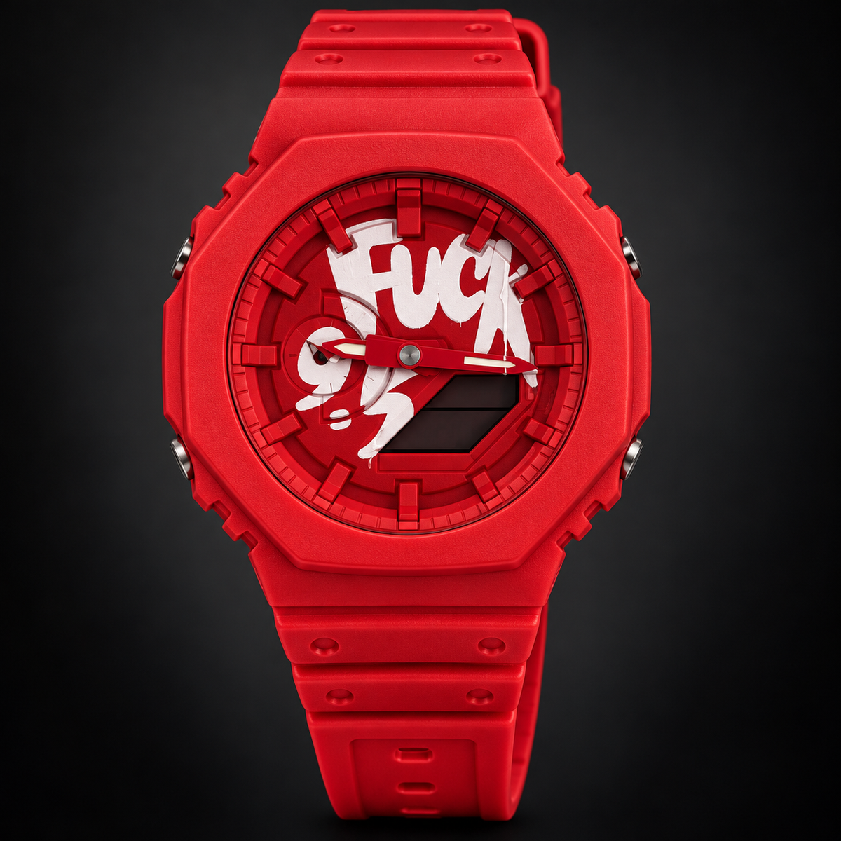 GA2100 Red / Graffiti Dial analog-digital watch; AI studio recreation with branding removed
