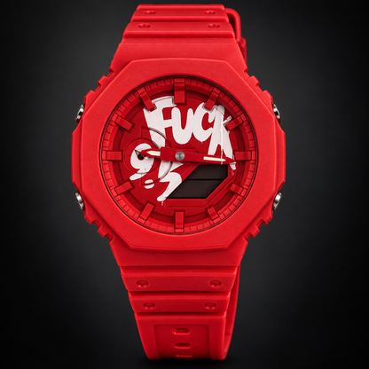 GA2100 Red / Graffiti Dial analog-digital watch; AI studio recreation with branding removed