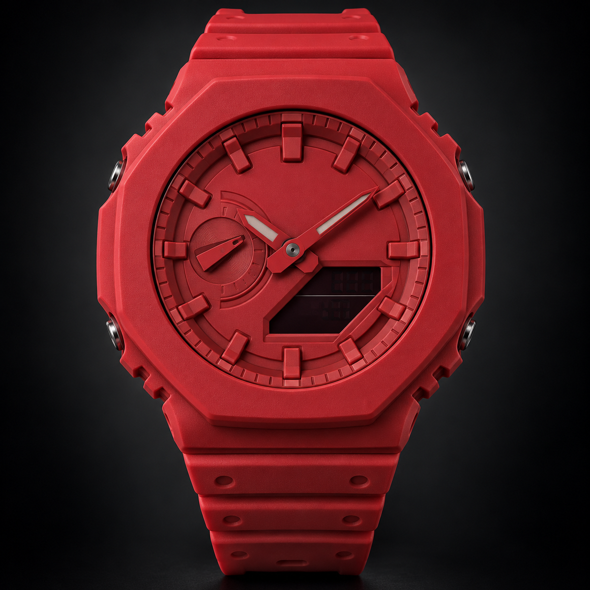 GA2100 All Red analog-digital watch; AI studio recreation with branding removed