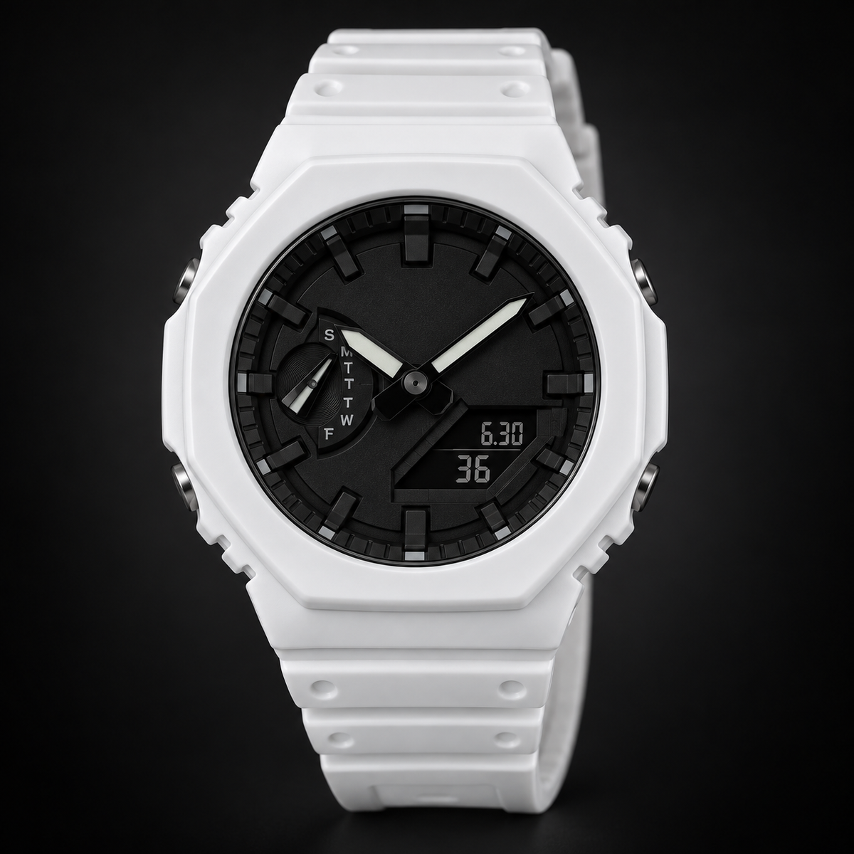 GA2100 White / Black Dial analog-digital watch; AI studio recreation with branding removed