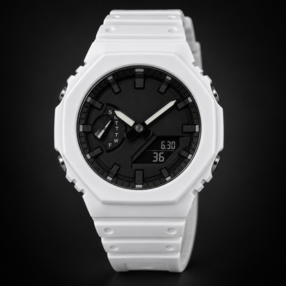 GA2100 White / Black Dial analog-digital watch; AI studio recreation with branding removed