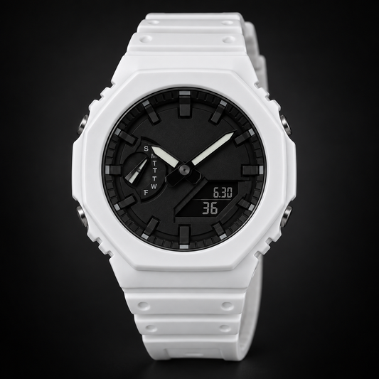 GA2100 White / Black Dial analog-digital watch; AI studio recreation with branding removed