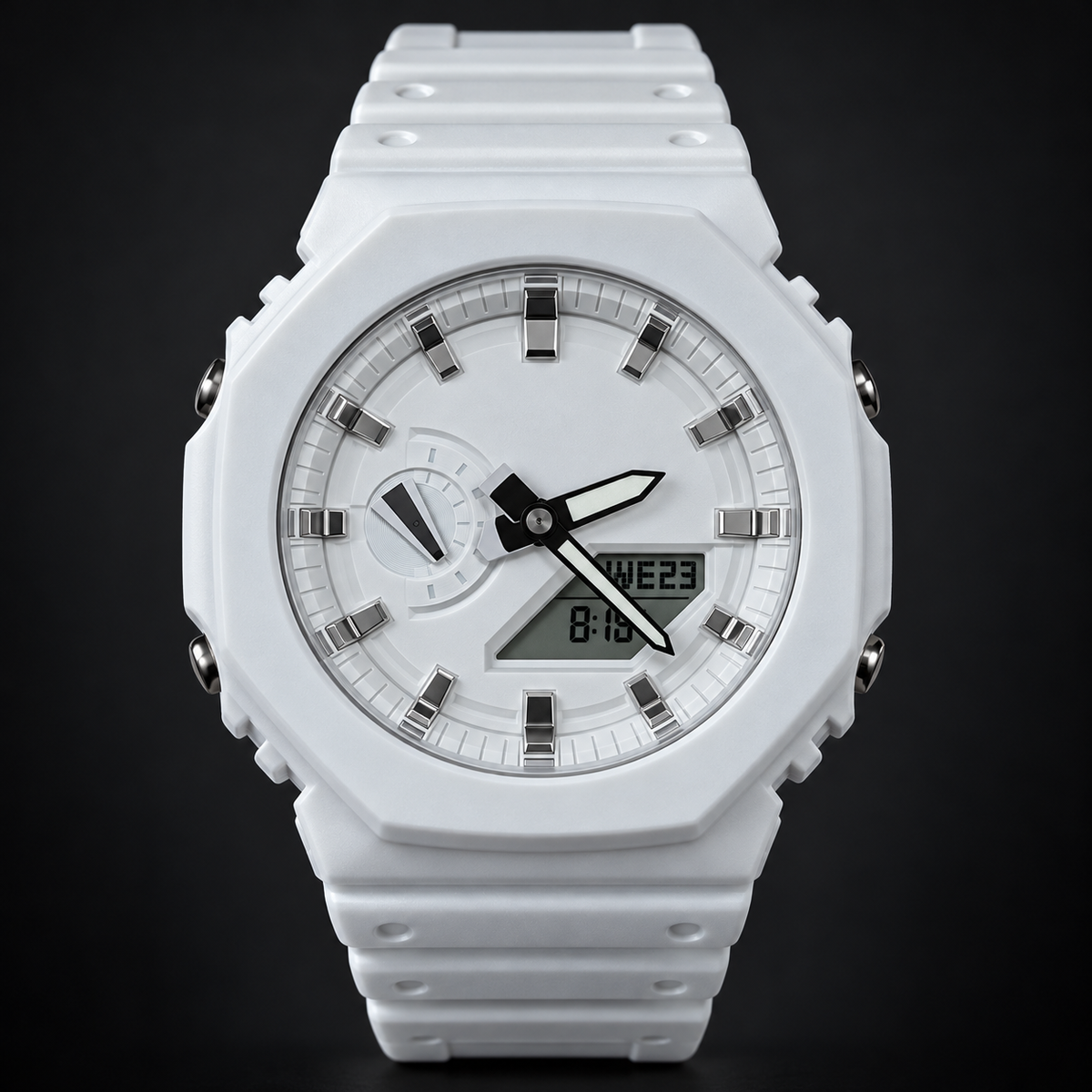 GA2100 All White analog-digital watch; AI studio recreation with branding removed