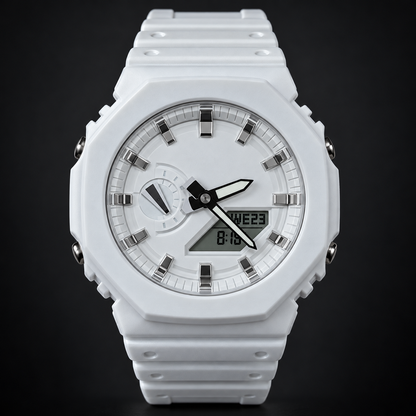 GA2100 All White analog-digital watch; AI studio recreation with branding removed