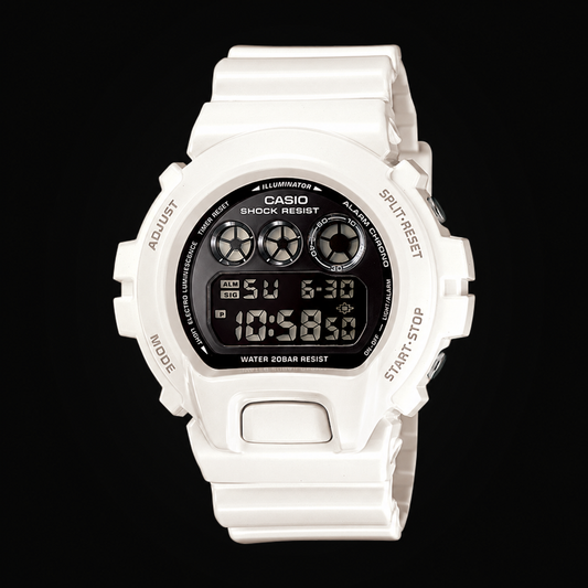White digital watch on dark background; digitally edited plain upper bezel and light button
